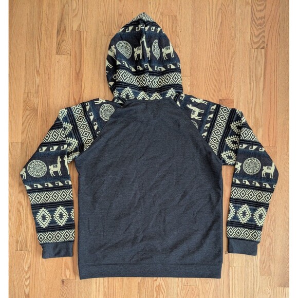 Ecuador Aztec Hoodie Pullover Wool Blend Blue Footed Design Handmade Alpaca L - Picture 10 of 12